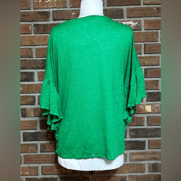 Zara Large Green Ruffle Sleeve Linen Blouse - Picture 4 of 6